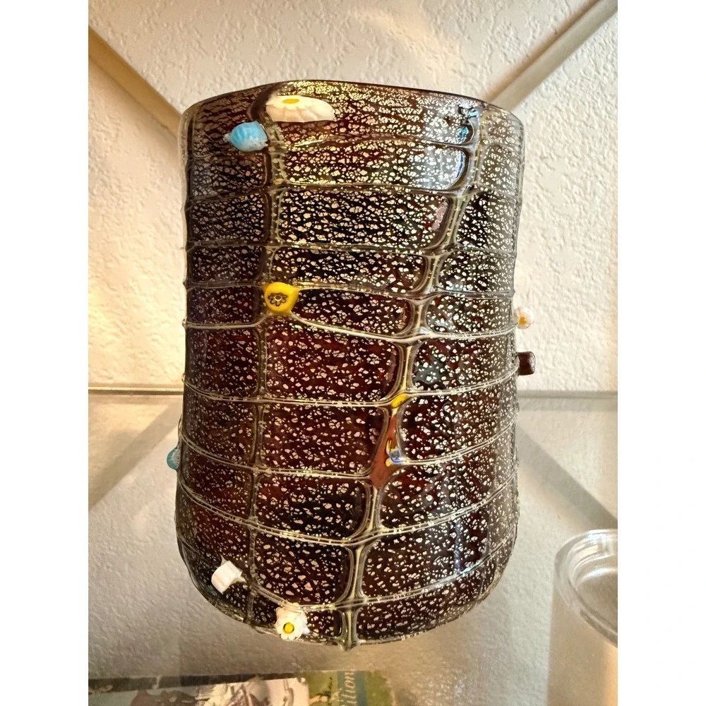 Artisan Hand Blown Milano silver Crackle Glass Vase Millefiori Floral Accents‎
